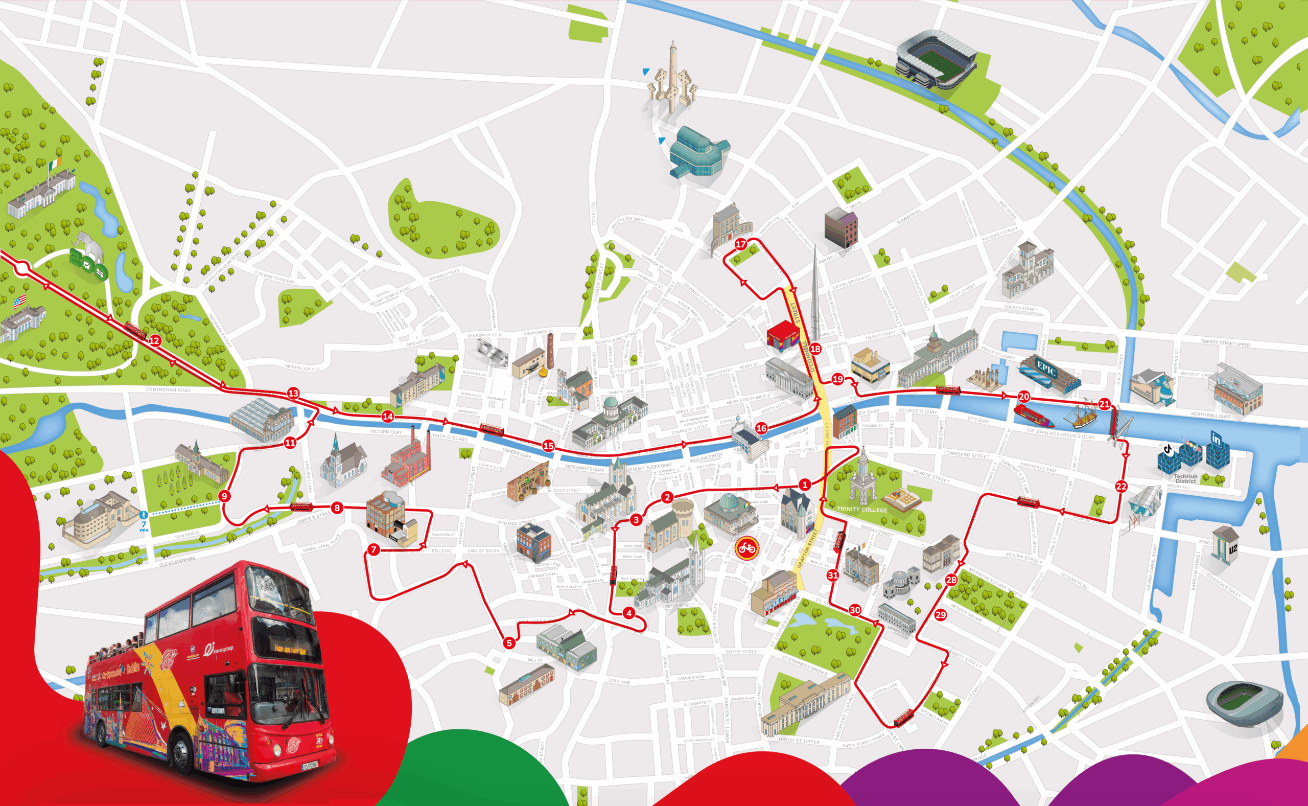 Map of the stops of City Sightseeing Dublin